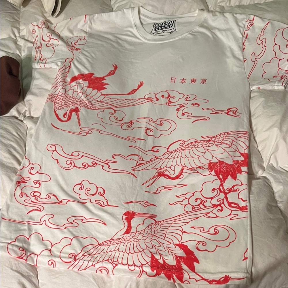 Fresh Laundry White Short Sleeve Tee with Red Crane Print